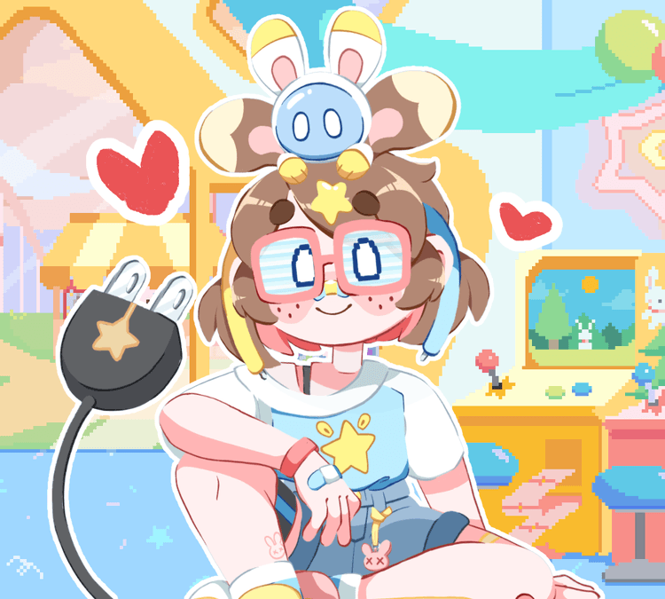 a screenshot of Rae's model sitting and smiling with hearts